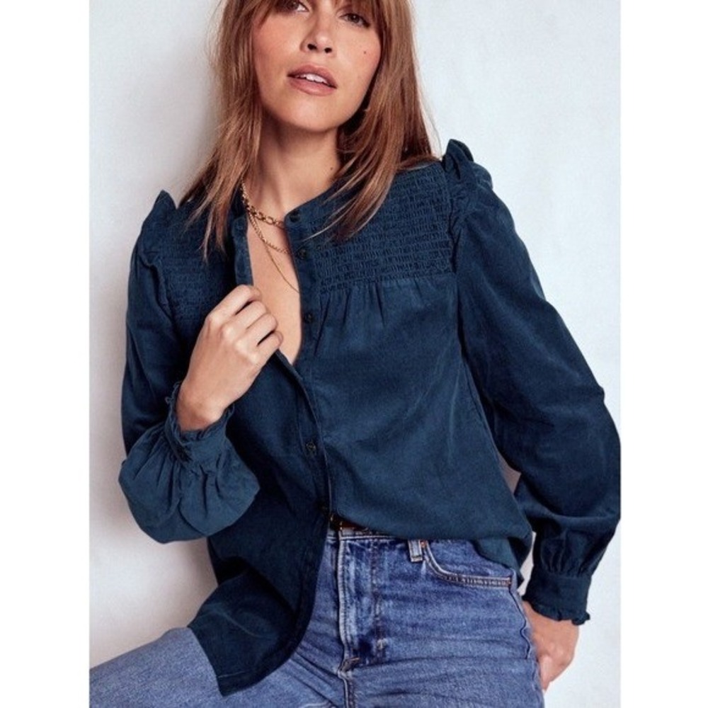 Boden Corduroy Smocked Blouse Navy Blue Size 14 New With Tags